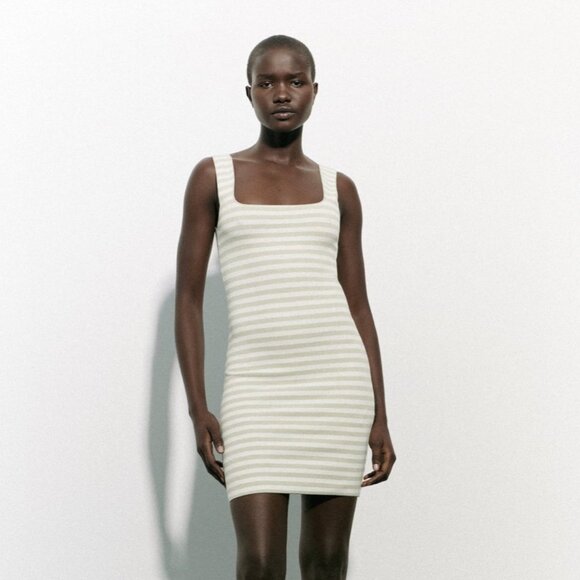 ZARA Striped Bodycon Tank Dress Beige White Size L NWT - Picture 1 of 7